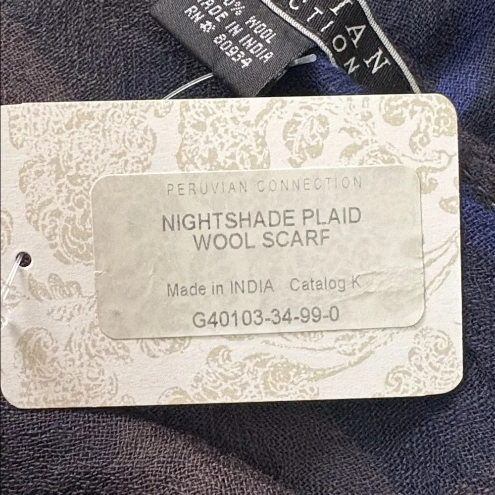 NWT Peruvian Connection Nightshade Plaid 100% Wool Scarf Blue Black Grey